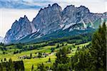 Grassy mountain side with jagged mountain tops in the background at the resort town of Cortina d'Ampezzo in the Dolomites, Southern Alps region of Italy