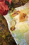 Map, compass and energy bar on grass, close-up, Colgate Lake Wild Forest, Catskill Park, New York State, USA