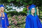 Two female students in graduation gowns