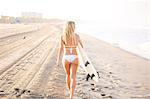 Rear view of young female surfer in bikini carrying surfboard along beach, Santa Monica, California, USA