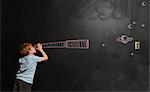 Boy looking through imaginary telescope drawn on blackboard