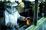 Beekeeper wearing protective hat and mesh faceguard seen through window of garden shed holding a tool over a lighted candle.