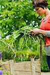 Woman putting garden clippings in compost bin