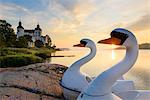 Swan boats at sunset