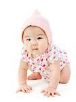 Portrait of full length adorable Asian baby girl in pink clothes crawling on floor, isolated on white background.