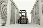 3d illustration of a forklift among self storage units