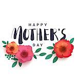 Happy Mother's Day lettering on a white background in a cradle. Bright illustration with red flowers and shadow. Paper flowers for the holiday.