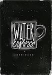 Americano cup coffee lettering water, espresso in vintage graphic style drawing with chalk on chalkboard background