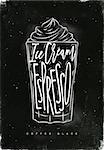 Coffee glace cup lettering ice cream, espresso in vintage graphic style drawing with chalk on chalkboard background