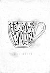 Flat white lettering hot milk, espresso in vintage graphic style drawing on dirty paper background