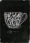 Flat white lettering hot milk, espresso in vintage graphic style drawing with chalk on chalkboard background