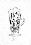 Coffee latte cup lettering foam, hot milk, espresso in vintage graphic style drawing on dirty paper background