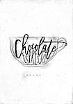 Mocha cup lettering hot milk, chocolate, espresso in vintage graphic style drawing on dirty paper background