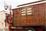 Circus wooden vintage caravan with painted spanish circo lettering