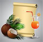 Coconut tropical nut fruit with cut vector illustration isolated with old grange paper roll with plumeria flower and glass of beverage