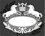 Black and white floral frame with crown and horses