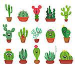 Big set of cute cartoon cactus and succulents with funny faces stickers. Smile faces succulent plants in flowerpots. Character design cartoon style vector illustration