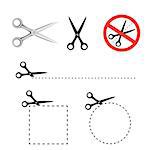 Scissors icon set collectoin and scissor cutting line circle square silhouette on transparent background