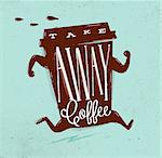 Poster running cup of coffee in retro style lettering coffee take away drawing on turquoise background