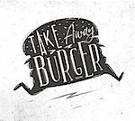 Poster running burger in vintage style lettering take away burger drawing on dirty paper background