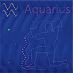 Zodiac sign Aquarius contour with tiny stars on the background of blue wavy starry sky, vector illustration