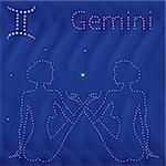 Zodiac sign Gemini contour with tiny stars on the background of blue wavy starry sky, vector illustration