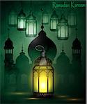 Ramadan Kareem, greeting background with pattern and light Mosque silhouette vector