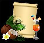 Coconut tropical nut fruit with cut vector illustration isolated with old grange paper roll on black with plumeria flower and glass of beverage