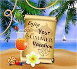 pirate treasure map on tropical background and exotic beverage vector