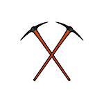 Two crossed mattocks in black design with wooden handle on white background