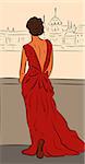 Elegant woman wearing red dress standing back on a bridge and looking at the city panorama, vector illustration in sketch style