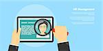 flat style banner, human resource and recruiting concept, human hand with magnifying glass and woman's avatar
