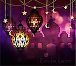 Ramadan Kareem, greeting background with hanging stars moons and lights vector