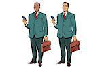 Two fat businessmen African American and Caucasian. Man with phone and briefcase in a business suit. Pop art retro vector illustration