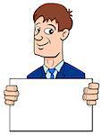 Cartoon Illustration of Man or Businessman Character with Blank White Board or Card