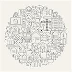 Real Estate Line Icons Circle. Vector Illustration of House and Building Outline Objects.