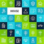 Vector Line House Icons. Thin Outline Real Estate Symbols over Colorful Squares.