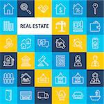 Vector Line Real Estate Icons. Thin Outline House and Building Symbols over Colorful Squares.