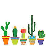 Mexico style pots with cactus flowers on white background