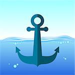 Sea Metal Anchor Silhouette Isolated on Blue Water Background