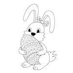 Hand drawn cartoon rabbit keeping ornamental egg  for Easter greeting card, invitation, decorate kids room, dishes; cup; wall, children coloring books, illustration. eps 10