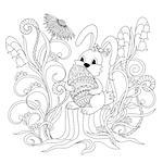 Hand drawn cartoon rabbit sitting on the stump and keeping ornamental egg  for Easter greeting card, invitation, decorate kids room, wall, adult and children coloring book. eps 10