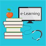 Modern design concept of the learning for website or banner of e-learning, training, business, management courses, online education, seminar, webinar with books, apple and computer monitor. eps 10