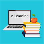 Modern design concept of the learning for website or banner of e-learning, training, business courses, online education, seminar, webinar with books, apple and laptop. eps 10