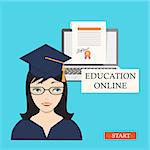 Flat modern design concept of the education online for website or banner of e-learning, training, business, management courses, online education with girl, diploma and laptop. eps 10