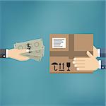 Human hand hold money and pay for the package. Delivery service concept. Payment by cash for express delivery. Also available as a Vector in Adobe illustrator EPS 10 format.