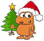 Cartoon Illustration of Dog Animal Character with Christmas Tree