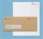 Vector illustration of closed brown envelope for letters and documents with transparent window and corporate letterhead blank paper isolated on blue background. Mockup post envelope and letter paper template
