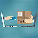 Online shopping concept. Fast delivery. Two laptops with hands holding money and parcel. Also available as a Vector in Adobe illustrator EPS 10 format.