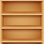 Three empty wooden bookshelves. Product presentation mock-up or template